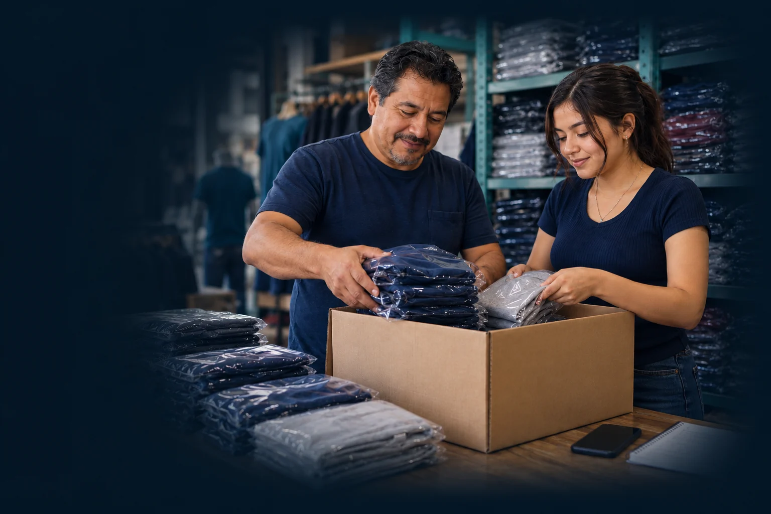 Preparación de un pedido de ropa en un negocio mayorista.